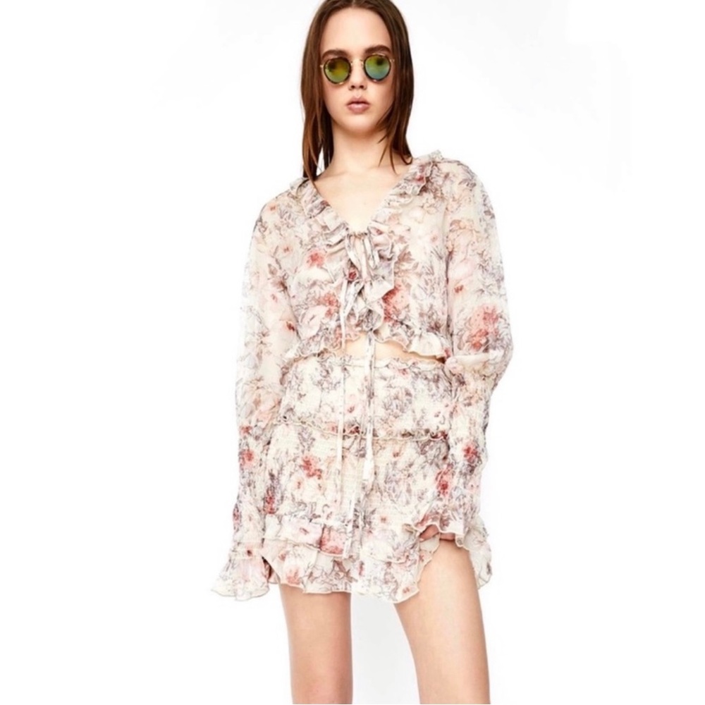 NEW SNDYS. FLORAL PRINT CHIFFON TOP & SMOCKED SKIRT SET